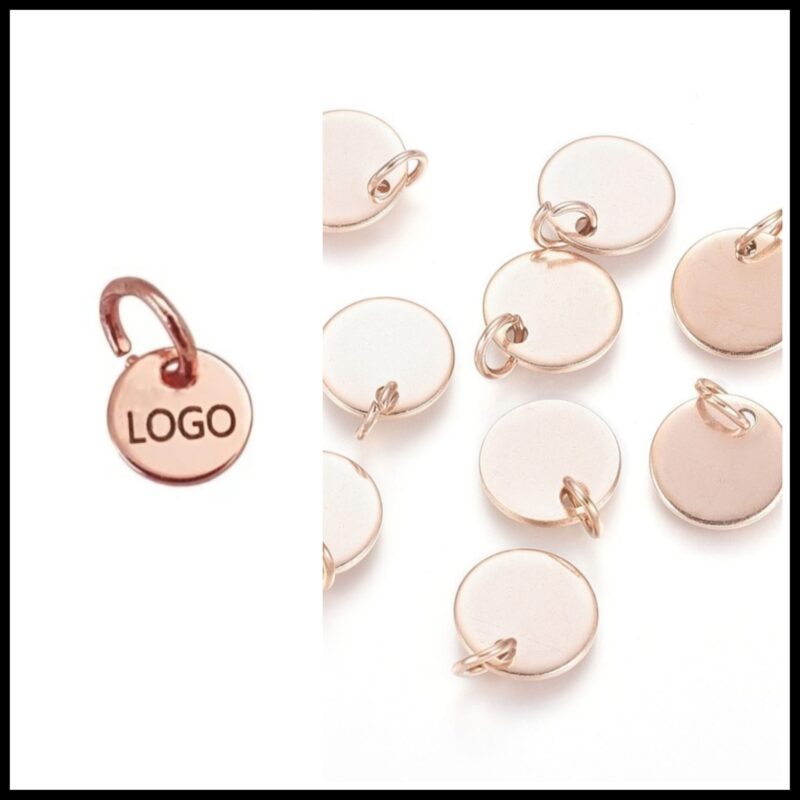 RVS SIERADEN LABELS MET EIGEN LOGO OPDRUK  GRAVEREN KLEUR ROSE 10 mm