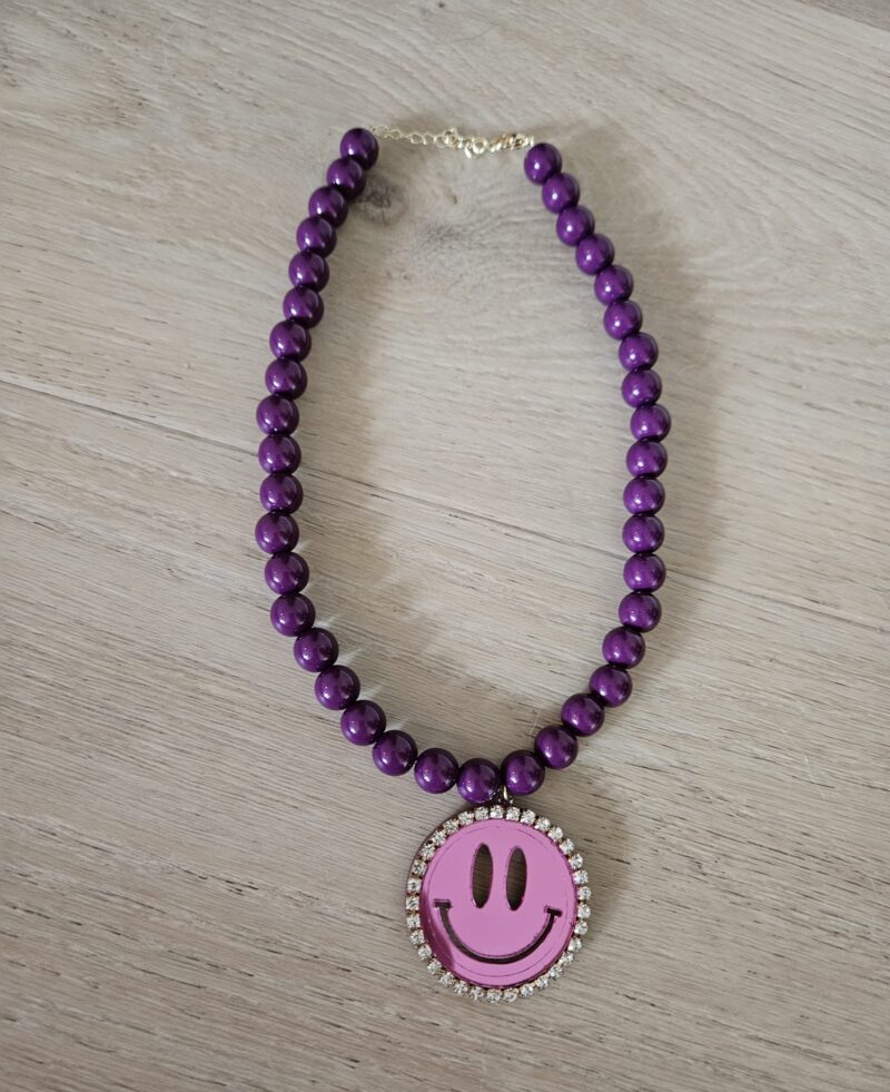 KETTING PAARS OBERGINE  45 CM  SMILEY HANGER KLEUR PINK